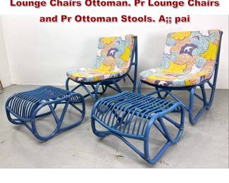 Lot 2266 4pc Painted Bamboo and Rattan Lounge Chairs Ottoman. Pr Lounge Chairs and Pr Ottoman Stools. A pai