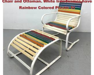 Lot 2269 Samsonite style Outdoor Lounge Chair and Ottoman. White Iron Frames have Rainbow Colored Plastic St
