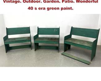 Lot 2276 3pc Green Painted Wood Benches. Vintage. Outdoor. Garden. Patio. Wonderful 40 s era green paint.