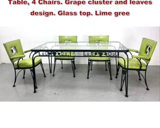 Lot 2281 5pc WOODARD Black Iron Dining Table, 4 Chairs. Grape cluster and leaves design. Glass top. Lime gree