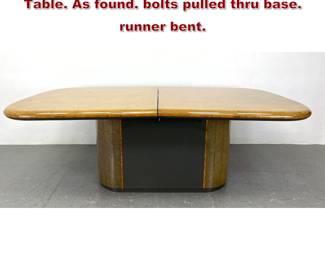Lot 2312 70s Modern Exotic Wood Dining Table. As found. bolts pulled thru base. runner bent. 