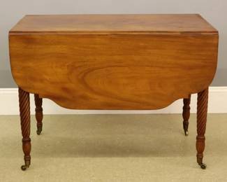 AMERICAN FEDERAL PERIOD MAHOGANY PEMBROOK DROPLEAF TABLE WITH CARVED ROPE LEGS, ORIGINAL CASTER WHEELS CIRCA 1820-1840