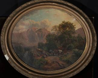 19th Century American School Oil Painting On Canvas In Its Original Oval Frame. California School Titled "The Way West" California Rush, Frame 26" x 30".