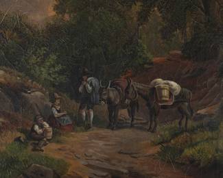 CLOSE UP VIEW 19th Century American School Oil Painting On Canvas In Its Original Oval Frame. California School Titled "The Way West" California Rush, Frame 26" x 30".