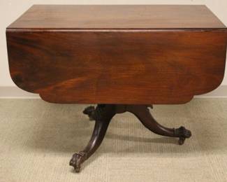 SIDE VIEW DROP DOWN VIEW OF AMERICAN FEDERAL FLAME MAHOGANY DROP BREAKFAST/CARD TABLE WITH ORIGINAL HARDWARE AND CARVED HARRY PAW FEET & LEGS PHILADELPHIA CIRCA 1810-1825 EXCELLENT CONDITION