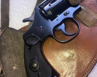CLOSE UP VIEW OF COLT 38 - ANTIQUE 6"BARREL SERIAL # 448214 IN MINT CONDITION WITH LEATHER HOLSTER - WILL BE REMOVED FROM GALLERY EACH NIGHT - MUST OBTAIN HAND GUN PERMIT