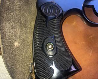 CLOSE UP VIEW OF COLT 38 - ANTIQUE 6"BARREL SERIAL # 448214 IN MINT CONDITION WITH LEATHER HOLSTER - WILL BE REMOVED FROM GALLERY EACH NIGHT - MUST OBTAIN HAND GUN PERMIT