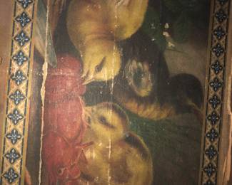 CLOSE UP VIEW OF STEAMER TRUNK PANEL AMERICAN 19TH CENTURY DOME TRUNK MUSEUM QUALITY VICTORIAN PORTRAITS IN DETAIL, ORIGINAL HARDWARE & LEATHER - PROVINANCE FROM THE LAWRENCE FISHER MANSION ESTATE LENOX AVENUE IN DETROIT