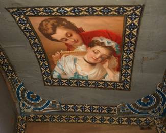 CLOSE UP PORTRAIT PANEL VIEW OF INSIDE STEAMER TRUNK PANEL AMERICAN 19TH CENTURY DOME TRUNK MUSEUM QUALITY VICTORIAN PORTRAITS IN DETAIL, ORIGINAL HARDWARE & LEATHER - PROVINANCE FROM THE LAWRENCE FISHER MANSION ESTATE LENOX AVENUE IN DETROIT