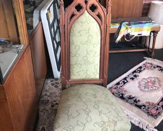 FULL OVERALL VIEW OF A RARE AMERICAN GOTHIC WALNUT SLIPPER CHAIR CIRCA 187O'S - FROM A DETROIT CATHOLIC CHURCH