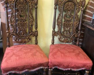 RARE ORIGINAL PAIR OF CHARLES FISHER DINNING ROOM HIGHLY CARVED CHAIRS WITH ORIGINAL ORNATE UPOLSTERY FROM THE LAWRENCE FISHER LENOX AVENUE MANSION DETROIT MICHIGAN