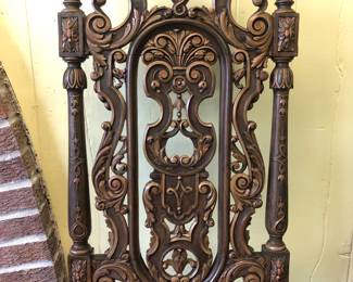 CLOSE UP VIEW OF RARE ORIGINAL OF CHARLES FISHER DINNING ROOM HIGHLY CARVED CHAIR WITH ORIGINAL ORNATE UPOLSTERY FROM THE LAWRENCE FISHER LENOX AVENUE MANSION DETROIT MICHIGAN