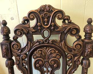 CLOSE UP VIEW OF RARE ORIGINAL OF CHARLES FISHER DINNING ROOM HIGHLY CARVED CHAIR WITH ORIGINAL ORNATE UPOLSTERY FROM THE LAWRENCE FISHER LENOX AVENUE MANSION DETROIT MICHIGAN