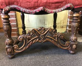LOWER CLOSE UP VIEW OF RARE ORIGINAL OF CHARLES FISHER DINNING ROOM HIGHLY CARVED CHAIR WITH ORIGINAL ORNATE UPOLSTERY FROM THE LAWRENCE FISHER LENOX AVENUE MANSION DETROIT MICHIGAN