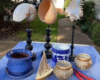 nautical decorative shells and some table top accessories.