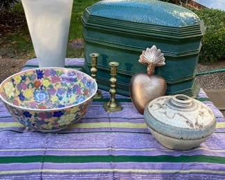 Thai green basket, ceramic vase, brass candlesticks, Asian bowl, American art ceramic bowl, metal heart, pair of antique brass candlesticks, Thai silk cloth