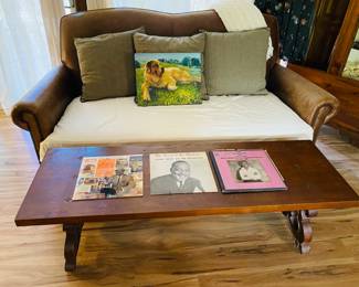 mid century walnut coffee table with brass inlay. sturdy enough for several more life times." Billy Boy" an original Melanie Hickerson painting. Riley's dog. Melanie Hickerson has a one woman show, Ribbon Of Life -Immigrants All at the Ceres Gallery in New York City that opens this Oct 31 thru Nov 25th 2023. She paints colorful, spiritual and joyful works that capture her appreciation of all things beautiful,