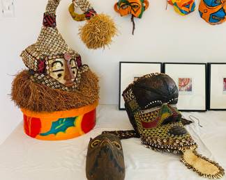 African Bwoom and Kuba helmet masks, old native indian wooden carved mask deer