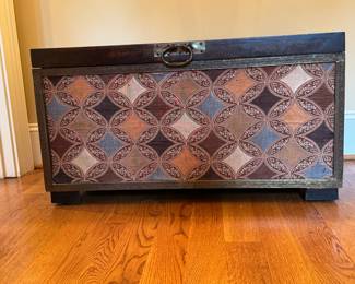 Vintage Pier 1 Imports Surat Wood Trunk & Medal Fabric Storage Trunk