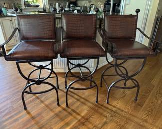 Vintage Faux Alligator Leather Wrought Iron Swivel Stools