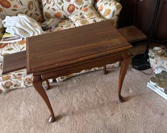 full view of table with side shelf - scratches on top