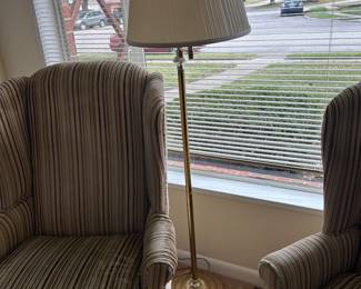 Two Wing Back Side Chairs.  Fabric is excellent except under one seat cushion .  $ 75.00 each.   Floor lamp $ 60.00