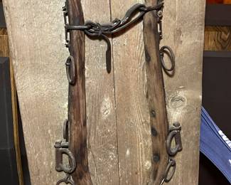 Harness mounted to wood from the Chicago stockyards