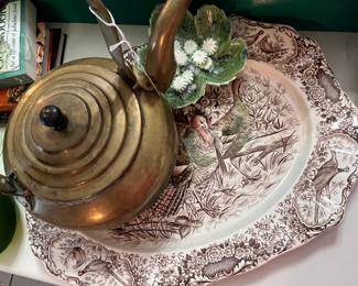 Large Turkey platter, brass tea kettle