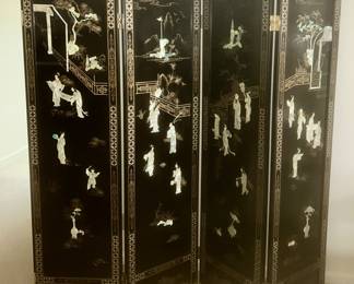 4-part hinged Asian screen, black lacquer w/ Jade/Mother of Pearl decor