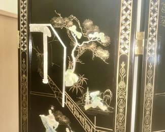 4-part hinged Asian screen, black lacquer w/ Jade/Mother of Pearl decor