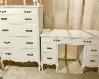 Vintage chest of drawers and matching desk, painted with original hardware