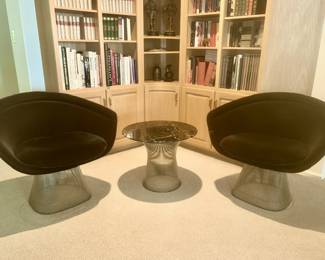 2 of 4 1970’s  Warren Platner Lounge Chairs for Knoll International w/ black upholstery and Side Table, RARE & HARD TO FIND in such beautiful vintage condition! One chair shows some wear and has one repair. 