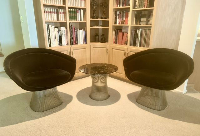 2 of 4 1970’s Warren Platner Lounge Chairs for Knoll International w/ black upholstery and Side Table, RARE & HARD TO FIND in such beautiful vintage condition! One chair shows some wear and has one repair.
