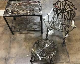 Industrial steampunk welded table made of wrenches. One-of-a-kind art piece by metal artist, Stephen C. Malone.