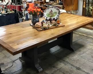 Handcrafted dining table by Will Armstrong. Constructed of oak, walnut, and quartersawn oak on a trestle base. A really marvelous artisan table that will quickly become a generational piece.