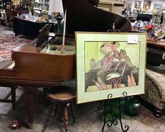 Watercolor by Anna Claire Henderson, 1976. Watercolor of a baby grand piano and caladiums. 32 x 3.4
