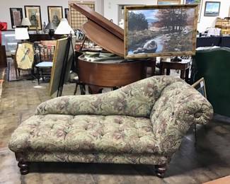 Antique Victorian chaise lounge/fainting sofa. Button tufted and reupholstered in a rich paisley pattern tapestry type material. Beautifully reimagined.