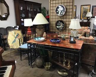 Picture one of Chinoiserie heaven sitting on a gorgeous 52 inch wrought iron console/sofa table. The table is rectangular with scrolled wrought iron sides and a coral and gold composite top.