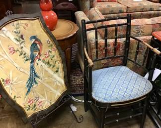 Chinoiserie Wall art. Vintage Regency ebonized bamboo chair. 