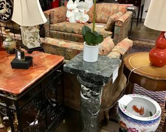 Large classic marble column or pedestal in deep gray comprised of three pieces. Very heavy.