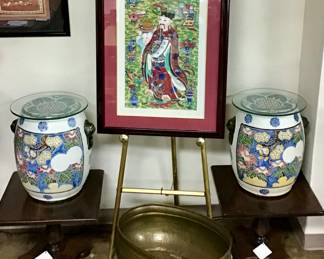 Chinese, hand painted on silk, museum quality framing.  Chinese garden, drum table/stool.   Oval brass planter with lion head handles. 