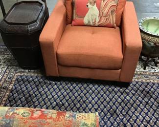 Vintage tangerine colored block club chair. Tufted seat and back.