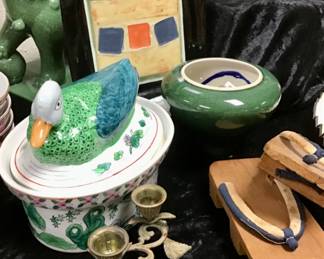 Vintage Japanese, MASHIKO pottery, signed and dated.  Vintage handpainted, Chinese Export duck tureen. 