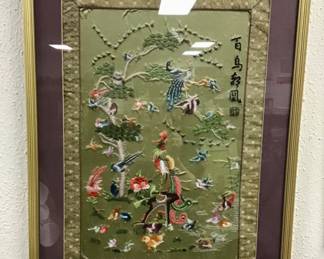 Framed 100 birds, silk poly crumb embroidery. 
