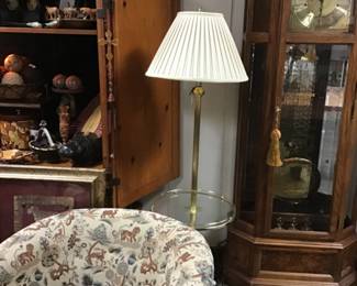 Mid Century Stiffel style brass floor lamp with glass table and pleated shade.