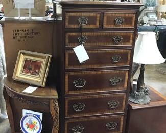 Vintage Drexel Chippendale cross banded mahogany 7 drawer high boy from the 18th century line