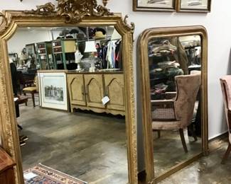 French overmantle, circa 1880, carved top.     French Louis Philippe domed top gold gilt mirror circa 1860.