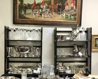 Classic English fox hunt scene. Meeting before the hunt. Recently cleaned and re-varnished. Conservator indicated mid 1800s. Silver plated serving pieces and Crystal.