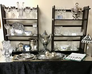 Spode blue Portofino 4 Piece place setting. Four complete sets new inbox, priced individually per set.  Waterford crystal, crystal ice buckets, BOEHM Texas bluebonnet bowl. 