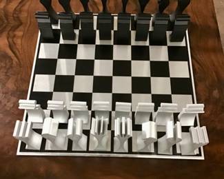 1972 Modernist Columbia Aluminum Chess Set by Scott Wolfe in original box.  